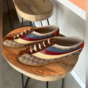 Gucci retro Screener style GG supreme canvas and suede w/leather trim sneakers.